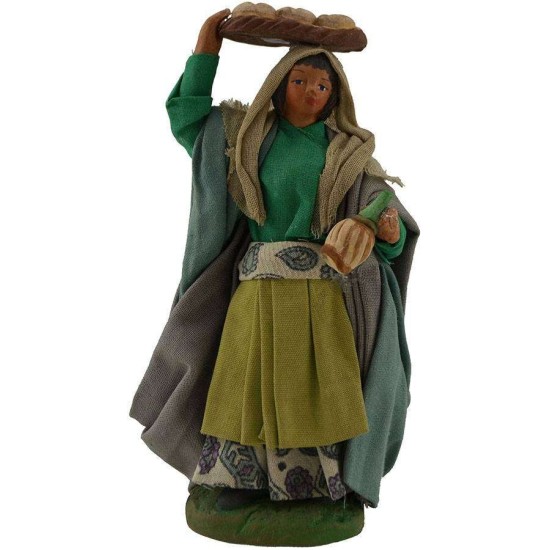 Woman with basket of bread and flask 12 cm