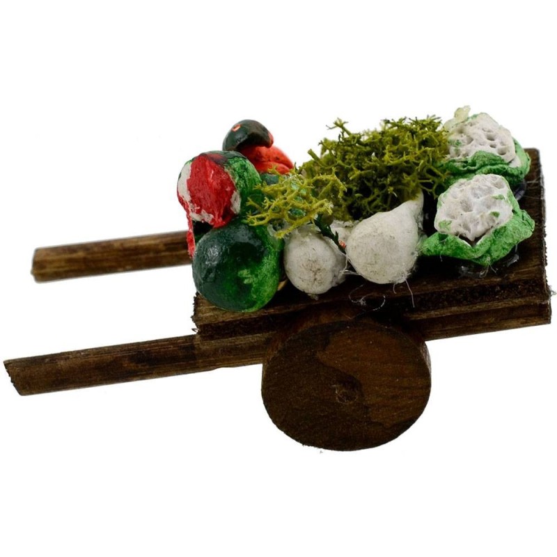 Carrito de madera con frutas y verduras de 5,5x3x3 cm.