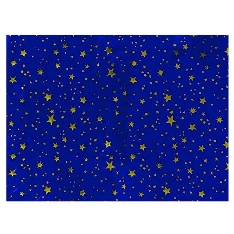 Papel celeste para belén metalizado con estrellas doradas 100x70 cm