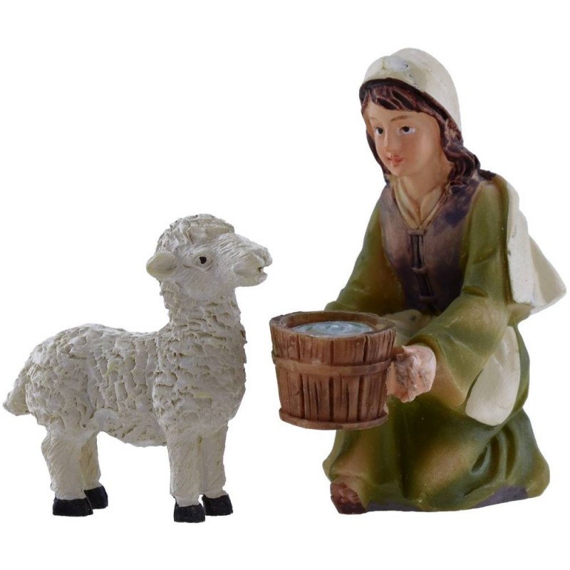 Shepherdess kneeling with tub and sheep series 9 cm in