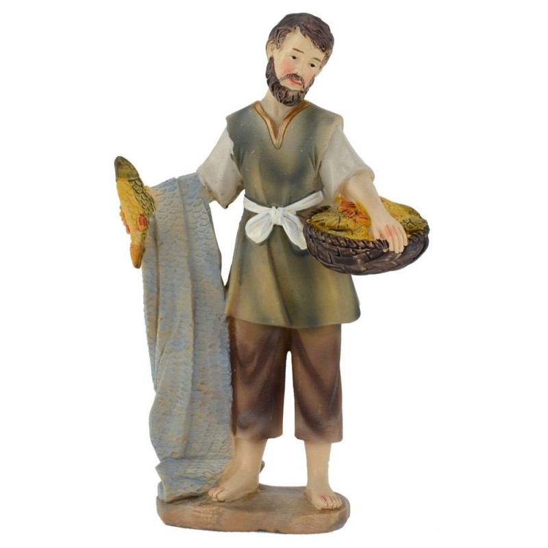 Fisherman with fish basket resin 15 cm