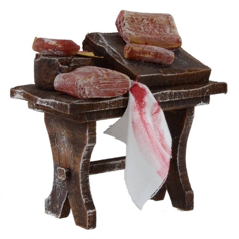 Banco in legno con carne e salumi cm 7x4x7,5 per statue da