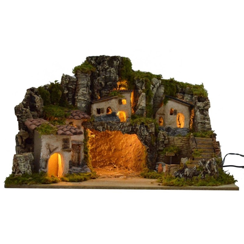 Presepe illuminated with grotto, landscape and fountain