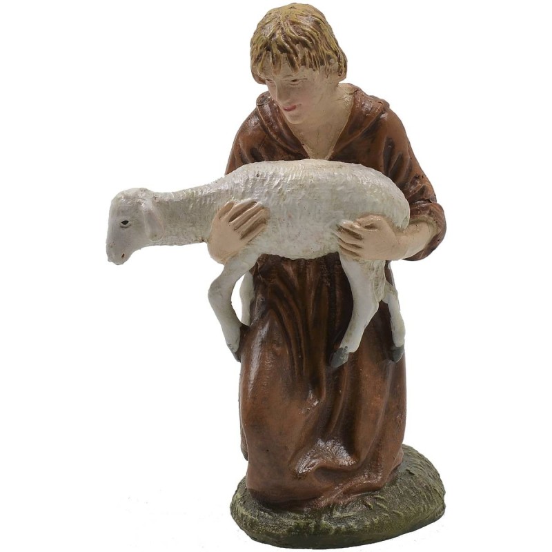 Kneeling shepherd with lamb in painted resin 10 cm Landi