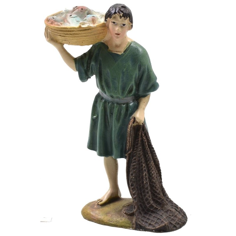 Fisherman with net in painted resin 10 cm economic series Landi