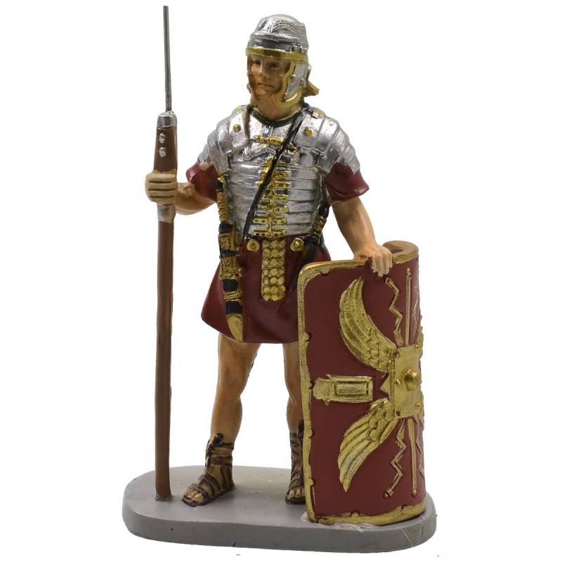 Roman soldier with shield and spear in painted resin 10 cm