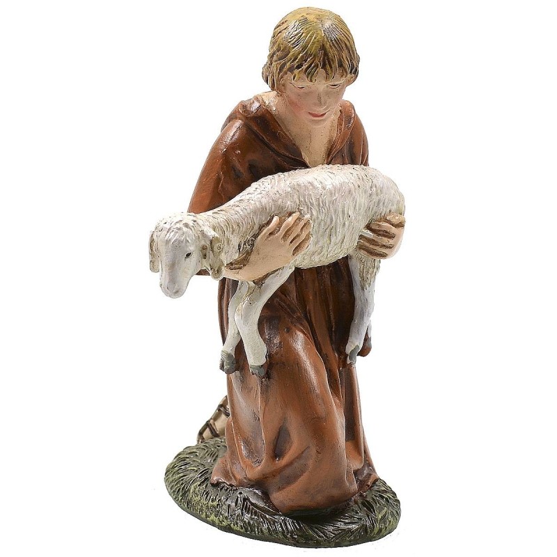 Adoring kneeling with lamb in painted resin 12 cm Landi