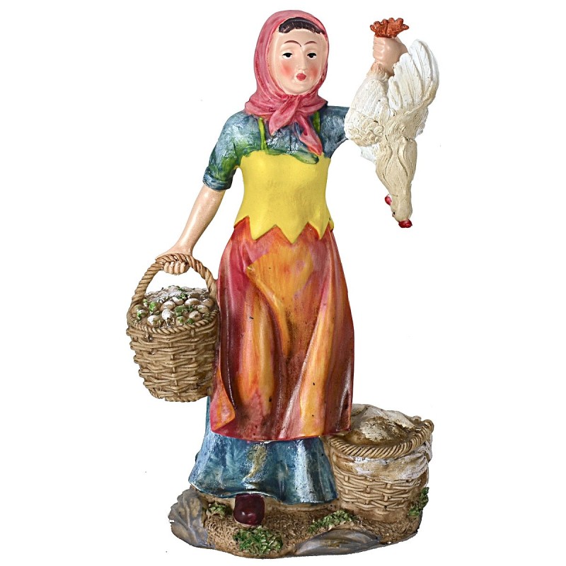 Woman with baskets and hen cm 27 in resin