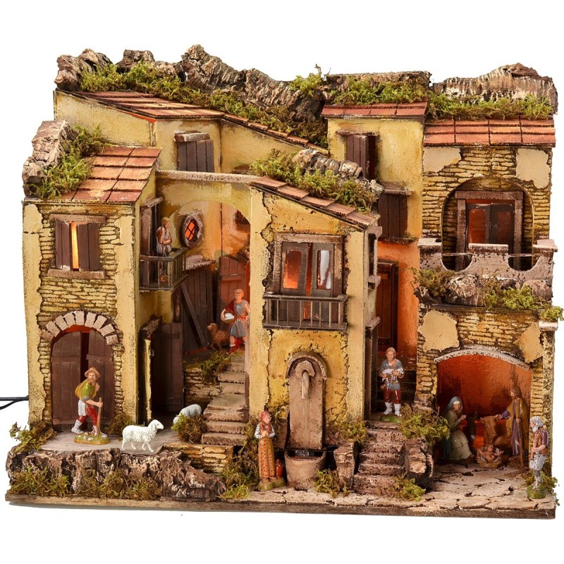 Illuminated nativity scene complete with Landi statues with