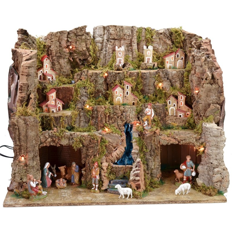 Illuminated nativity scene complete with Landi statues with