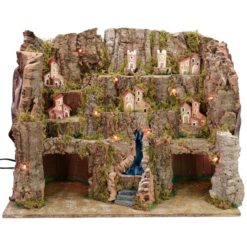 Presepe illuminato con paesaggio e cascata funzionante cm