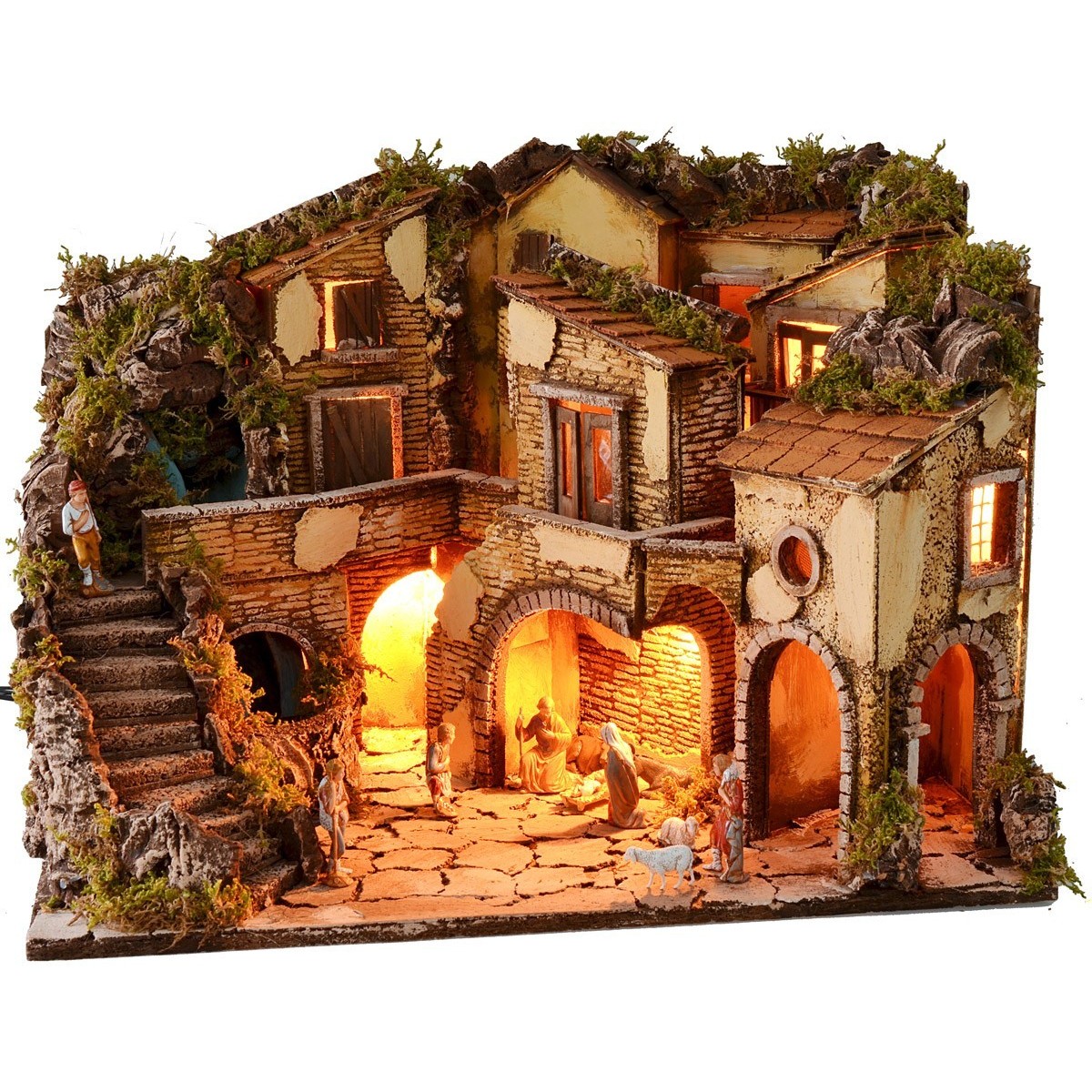 Presepe completo di statue Landi cm 80x45x66 h. con mulino, cascata, fuoco  e luci funzionanti