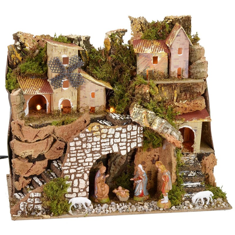 Illuminated nativity scene complete with Landi statues with