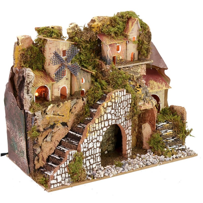 Illuminated nativity scene with village and landscape cm