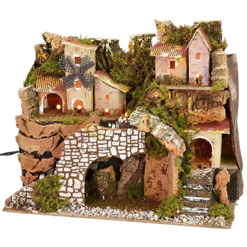 Presepe illuminato con borgo in lontananza cm 28x15x23 h