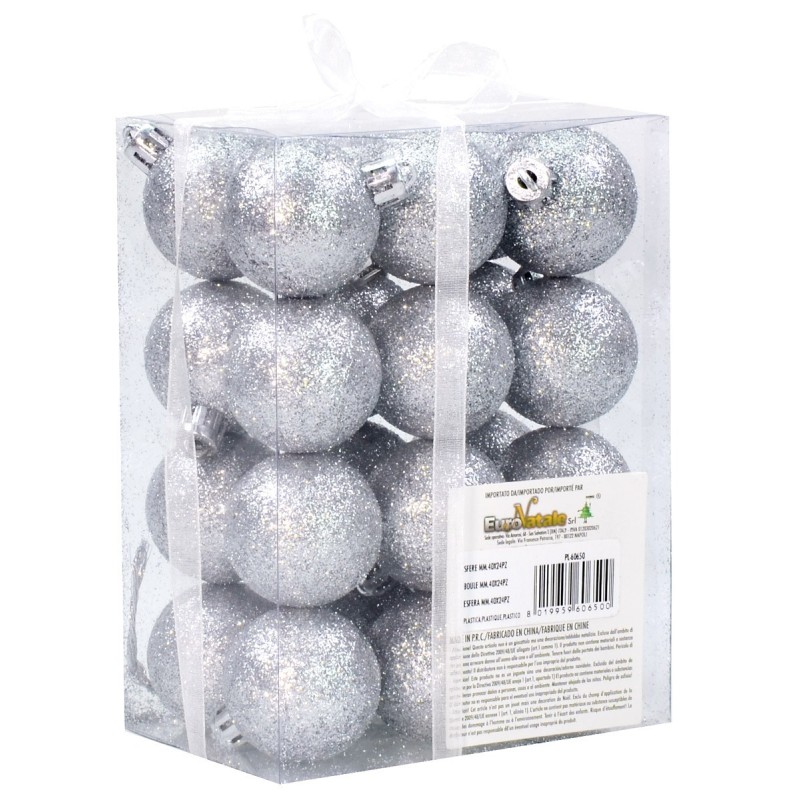 Juego de 24 bolas de plata brillante ø 4 cm para árbol de Navidad.