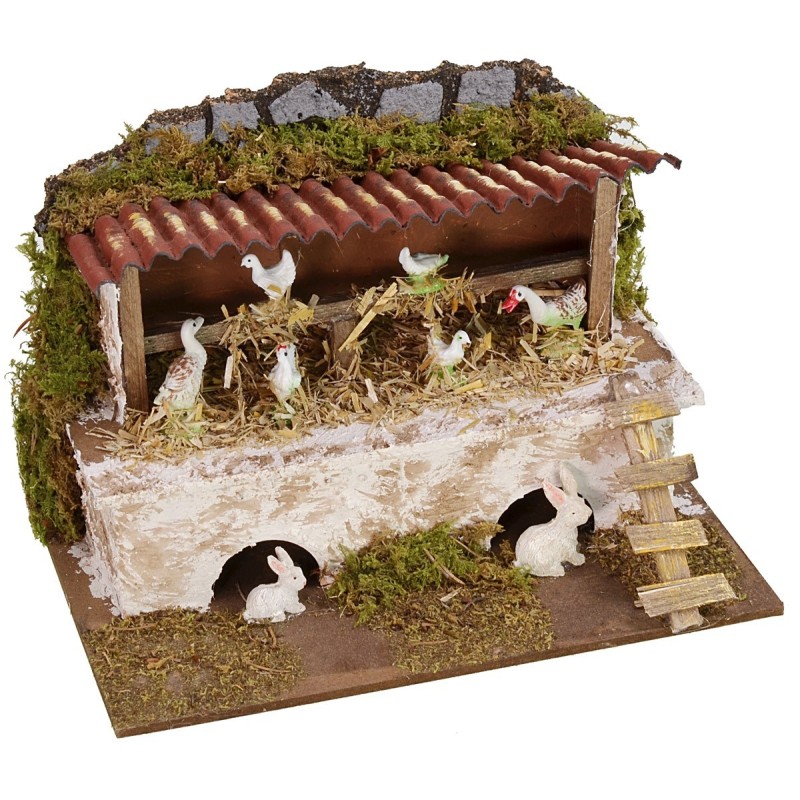 Gallinero con gallinas y conejos 20x14x13 h cm Mundo