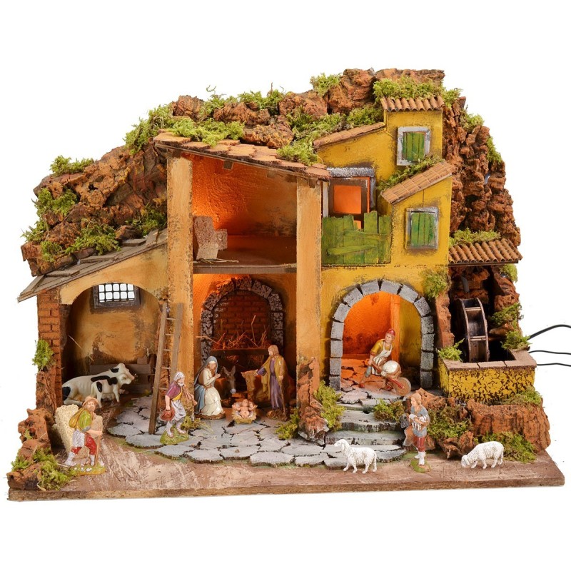 Illuminated nativity scene complete with Landi statues with