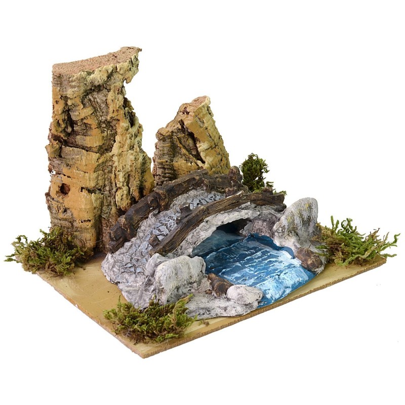 Ruscello tra le rocce con pecore e ponte cm 19X15,7X13,5 h