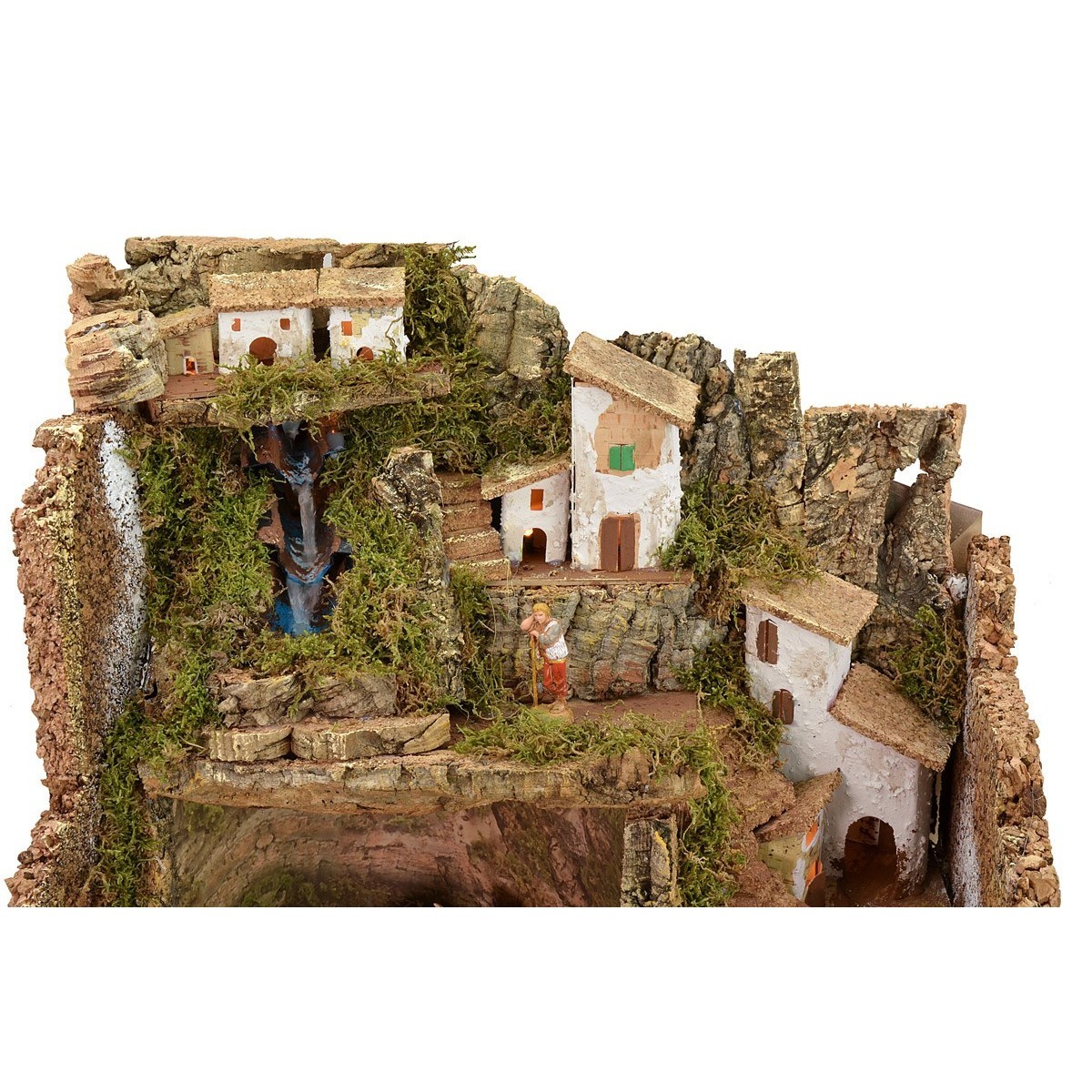 Presepe illuminato completo di statue Landi con cascata cm 45x30x37,5 h