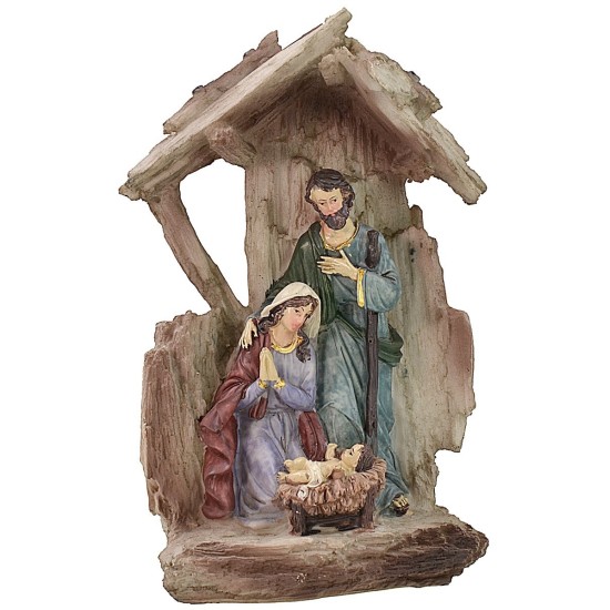 Natività con capanna a tronco in resina cm 12x7x20 h presepe