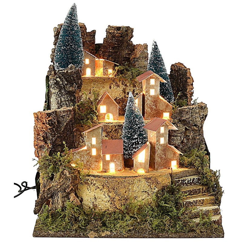 Paesaggio per presepe con casette illuminate cm 25x24x30,5 h