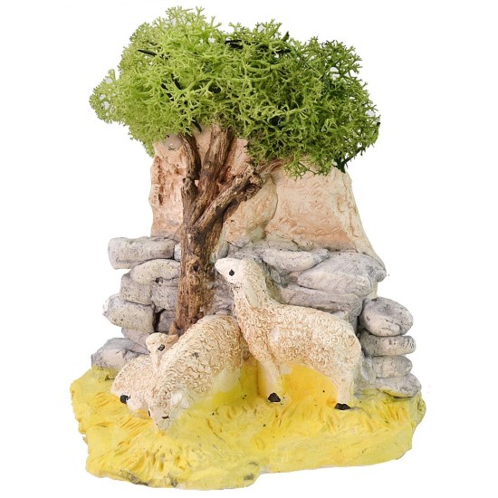 Gregge di pecore al pascolo con albero per presepe cm 12x8x13 h