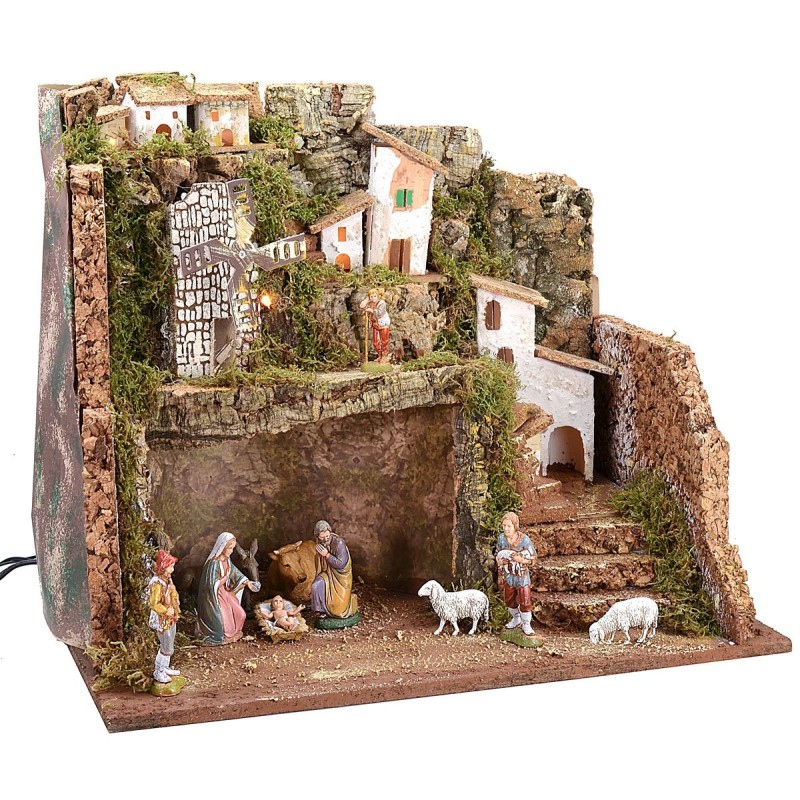 Presepe illuminato con mulino a vento cm 45x30x37,5 h Mondo