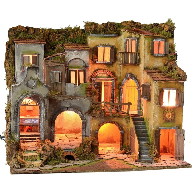 Neapolitan village in 18th century style illuminated with working oven cm