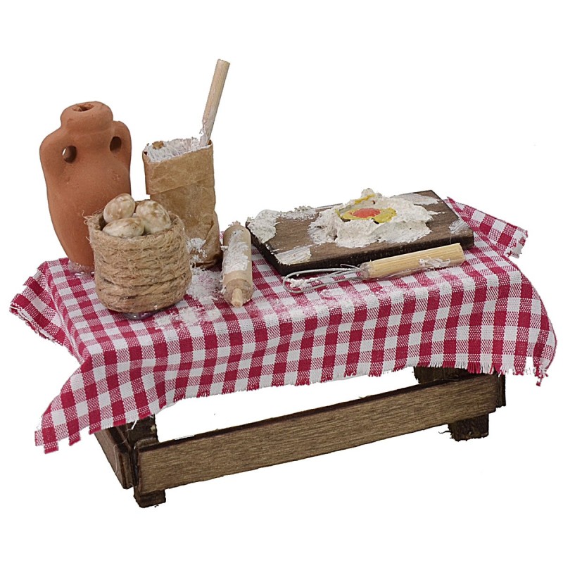Wooden table with tablecloth and food cm 9.5x5x8.5 h