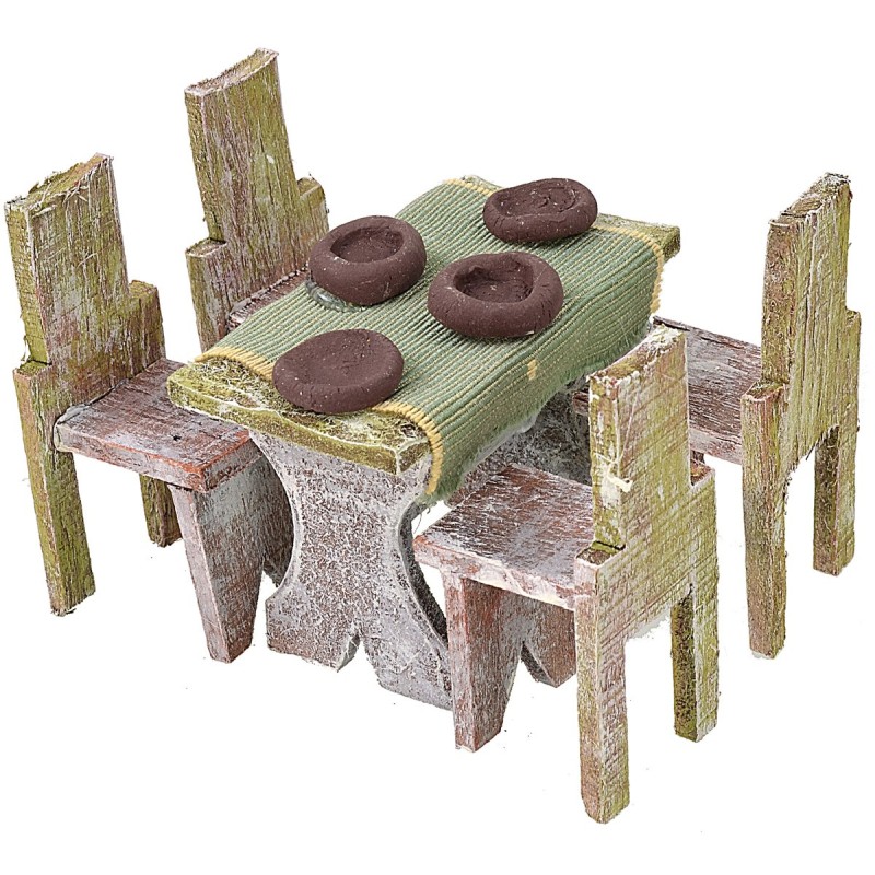 Wooden table with 4 chairs for statues 10 cm