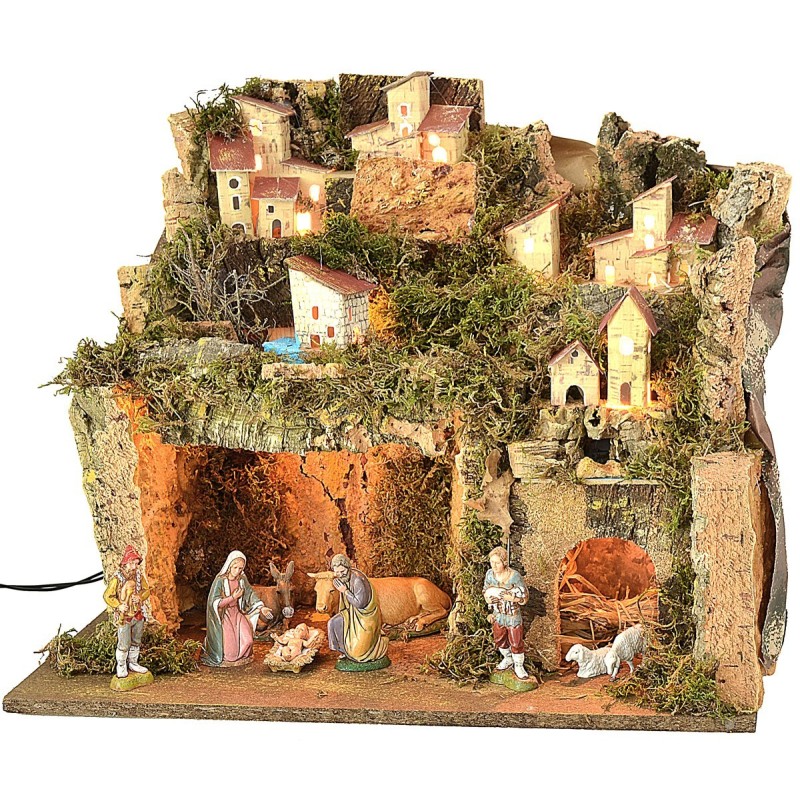 Presepe illuminato cm 45x30x37,5 h completo di statue serie Landi cm 10 Mondo Presepi