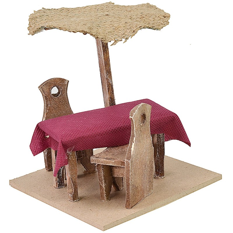Wooden table cm 12x12x12 h with chairs and umbrella for statues
