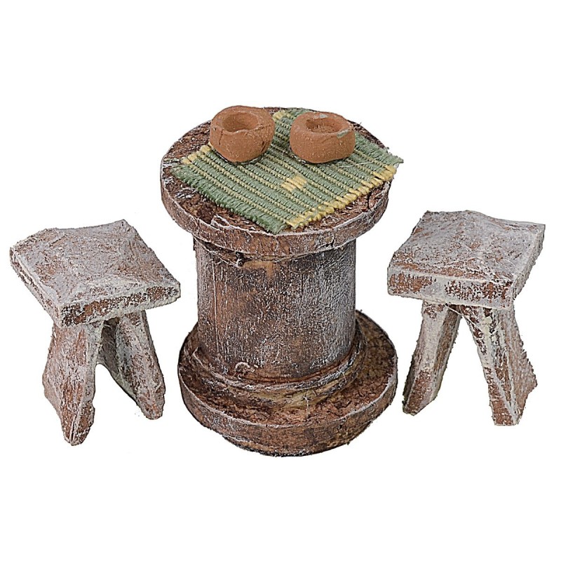 Table with 2 wooden stools for Nativity scene for statues 6-8 cm