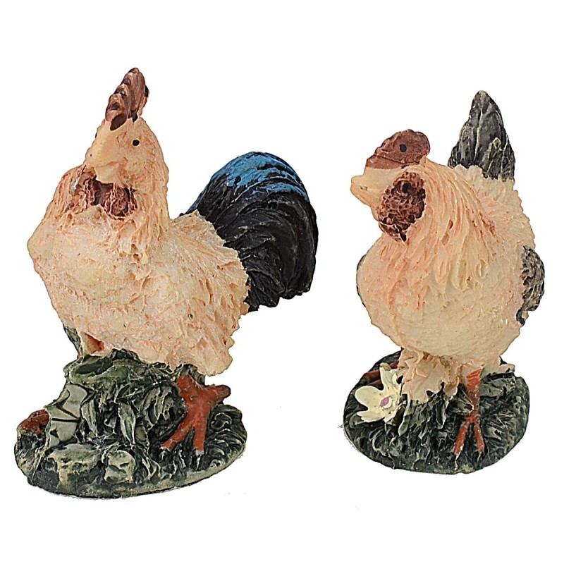 Rooster and hen resin set cm 5x3x6,5 h