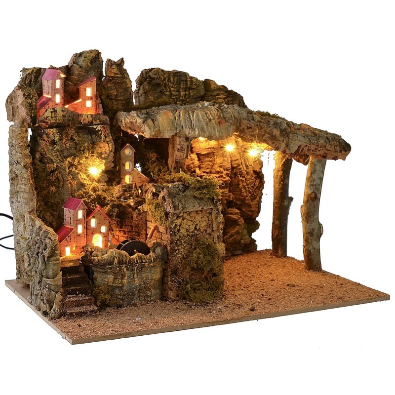 Pesebre iluminado con molino de agua funcional cm 45x31x33,5 h | Mundo Pesebres