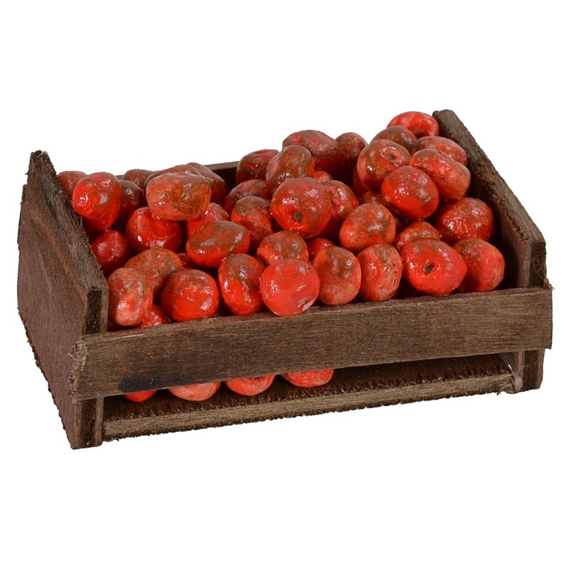 Caja de madera con manzanas de 6,9x4,4x3,2 cm de altura, estatuas