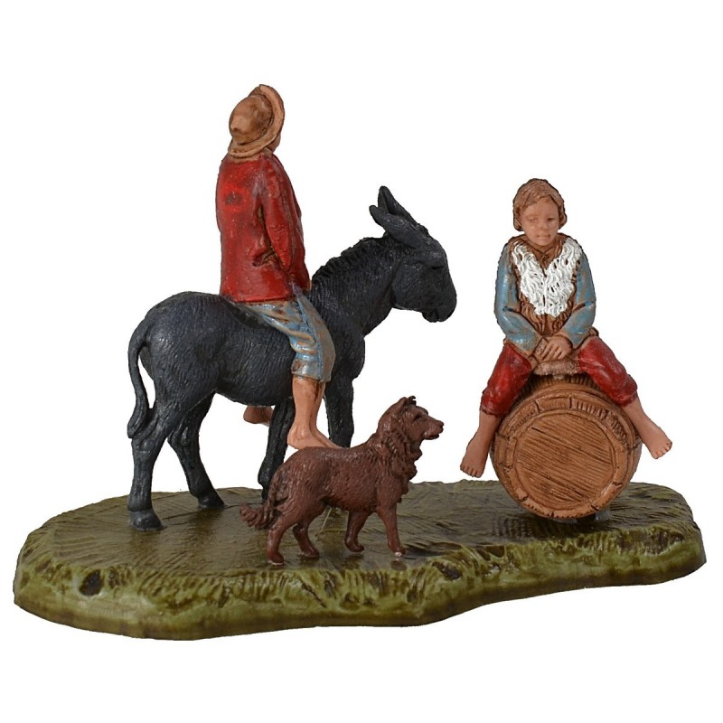 Escena hombre en burro con niño y perro serie 6 cm