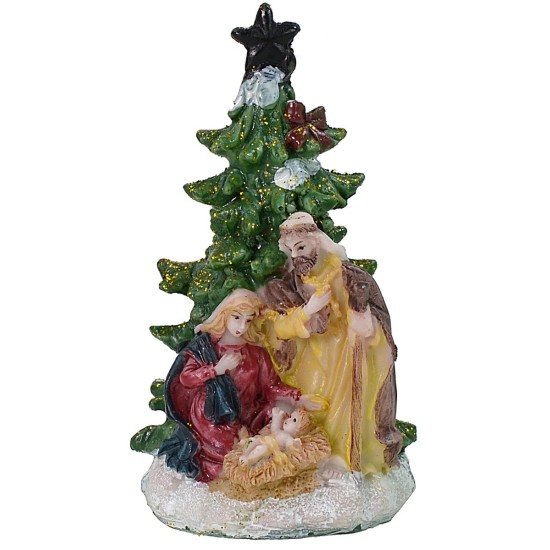 Natività 5,5 cm in resina con albero cm 5,7x5,6x10,2 h