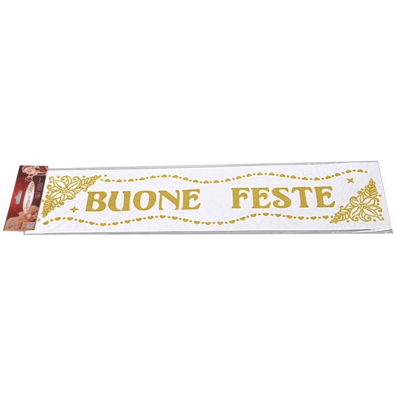 Vetrofania glitterata oro "Buone Feste" cm 16x61 buone