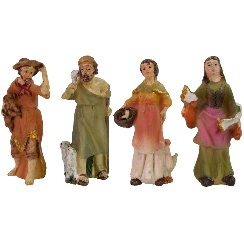 Conjunto de 4 personajes de 5 cm en resina, pastor, mujer, figuras.