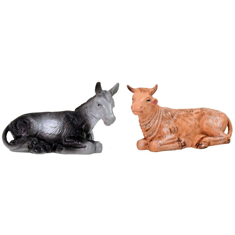 Bue y burro serie color 12 cm en PVC Mundo Pesebres