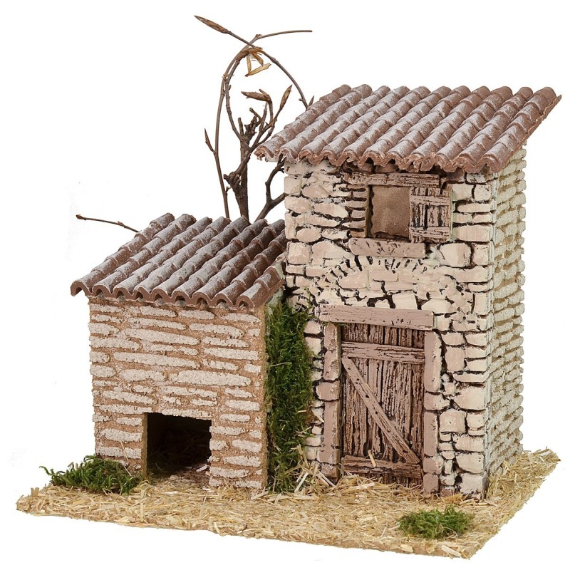 Casita de piedra con cobertizo de 19x17x17 cm de altura, madera.