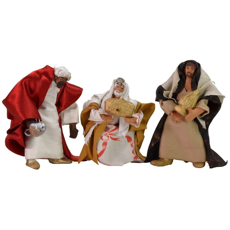 Conjunto de 3 Reyes Magos de 9 cm con vestimenta de tela, son estatuas.