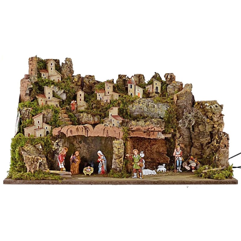 Presepe illuminato completo di statue Landi con fuoco funzionante, villaggio e grotta cm 60x34x35 h