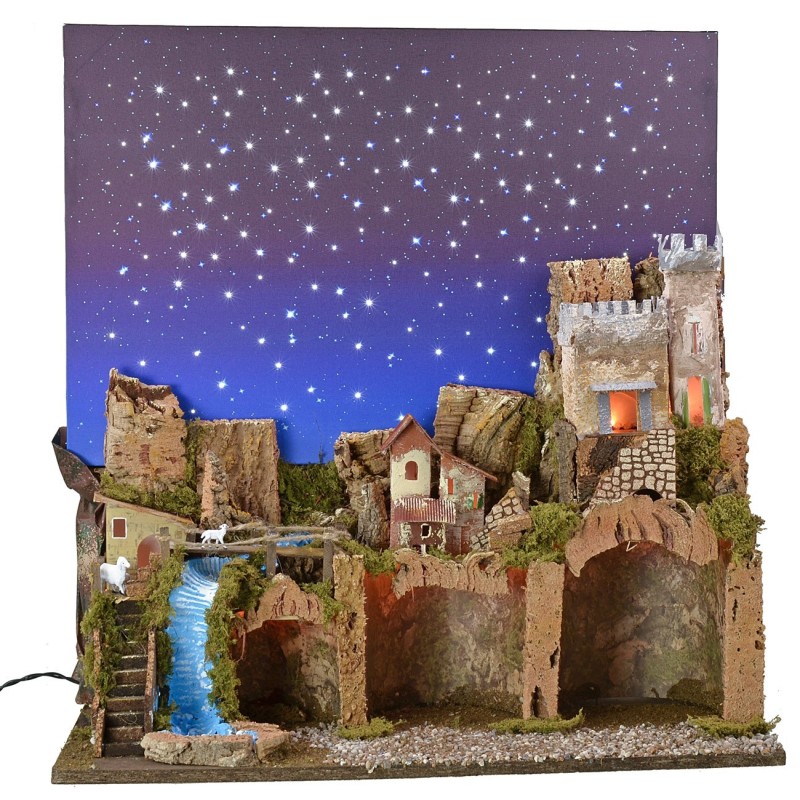 Illuminated nativity scene with fiber optic starry sky cm