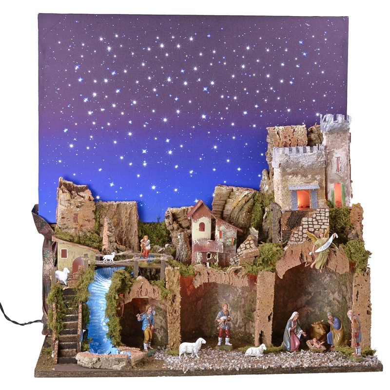 Illuminated nativity scene with complete fiber optic starry sky