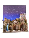 Illuminated nativity scene with complete fiber optic starry sky