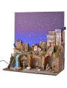 Illuminated nativity scene with complete fiber optic starry sky