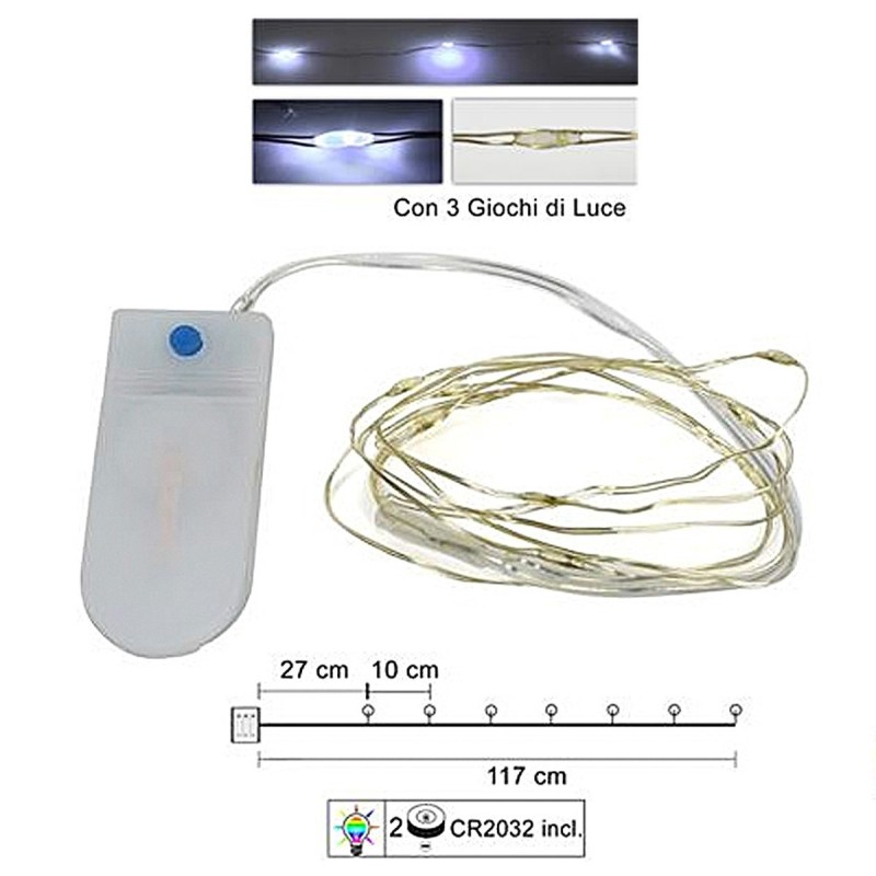 10 Micro LED blanco frío con juegos de luces y pilas incluidas